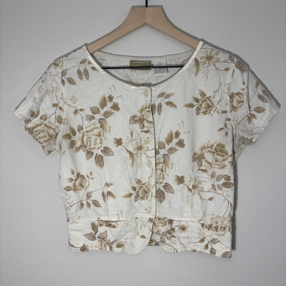 Liz Clairborn Lizwear Women's Linen Blend Floral Blouse Short Sleeve 10 Petite